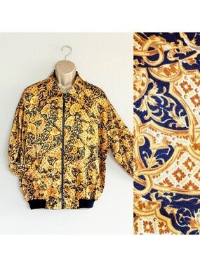 VTG 90s Mobwife Baroque Bomber Jacket Versace-Style Gold Chain Print Sz 16W